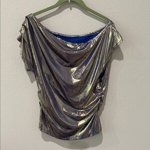 Shimmery Silver Drape Neck Women's Blouse